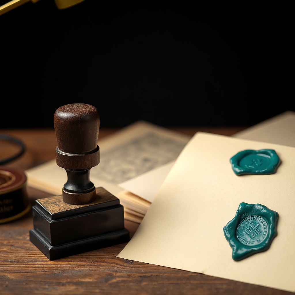 Stamp and seal beside paper notes